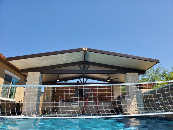 Poolside freestanding patio cover example for Green Valley and Las Vegas area homes.