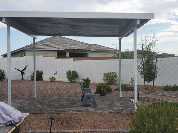 White freestanding aluminum patio cover for North Las Vegas area backyards.
