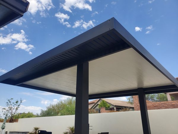 Dark aluminum patio cover fascia and post detail for Las Vegas area homes.