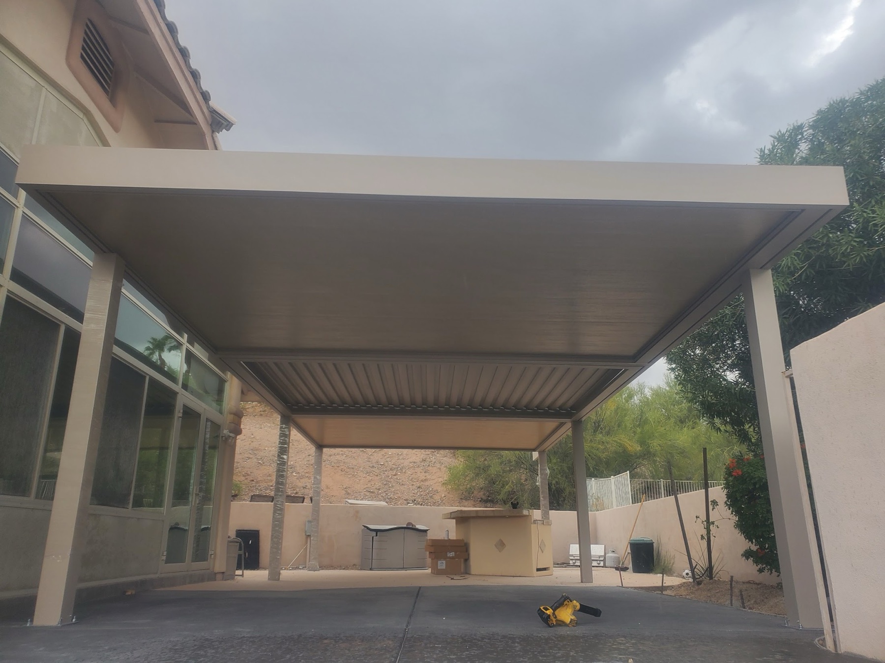 White solid patio cover underside for Henderson area outdoor living spaces.